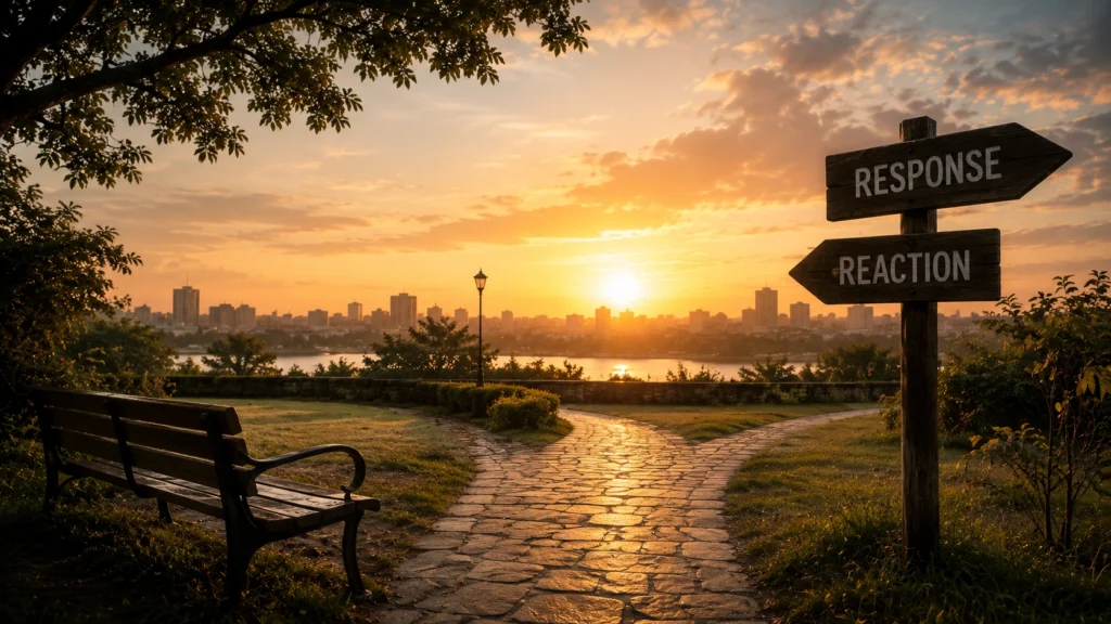 A peaceful pathway symbolizing the choice between reaction and thoughtful response