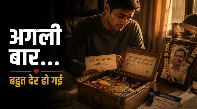 Adult son looking at his childhood medals and father's handwritten note beside a framed photograph in an emotional father son story.