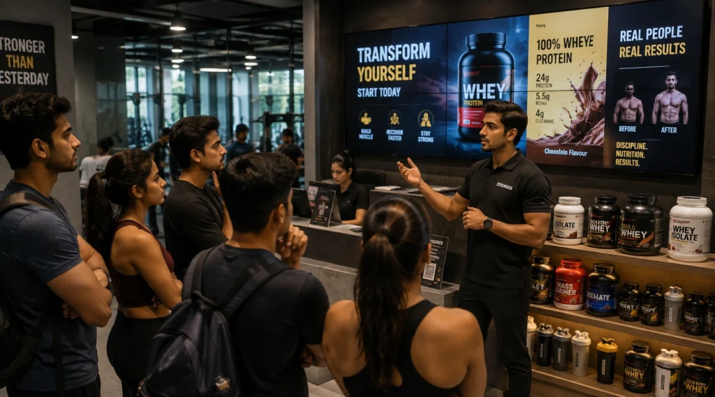 Gym trainer explaining supplements while new members watch protein advertisements in a modern fitness centre.