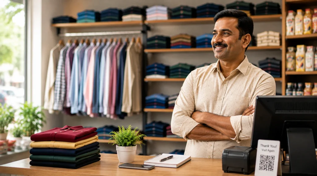Retailer comfortably working with digital technology in a clothing store