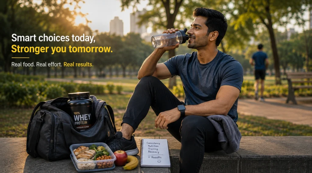 A fitness enthusiast enjoying a healthy post-workout routine after making an informed nutrition decision.