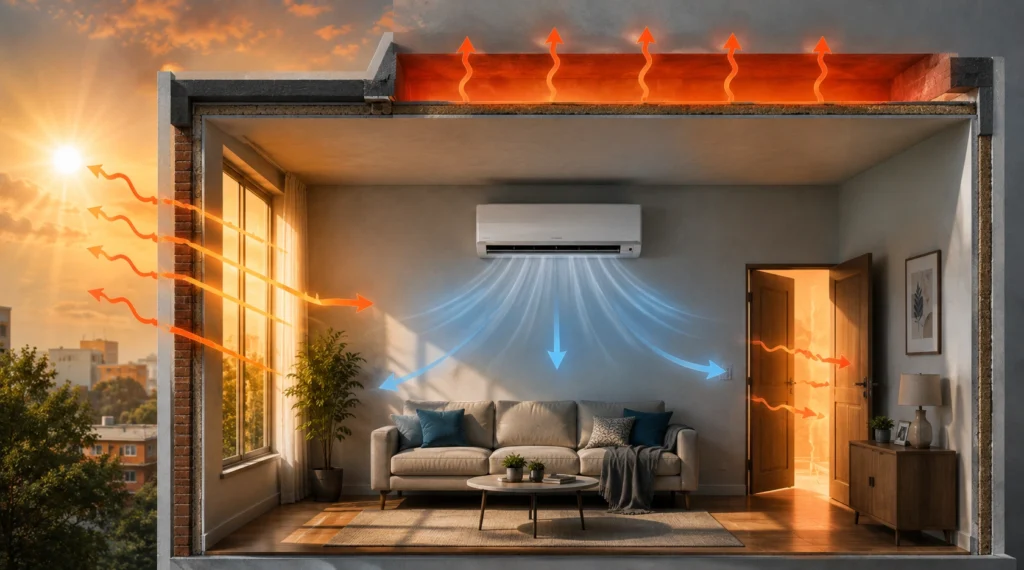 Cutaway illustration showing heat entering a room and cool air from the air conditioner.