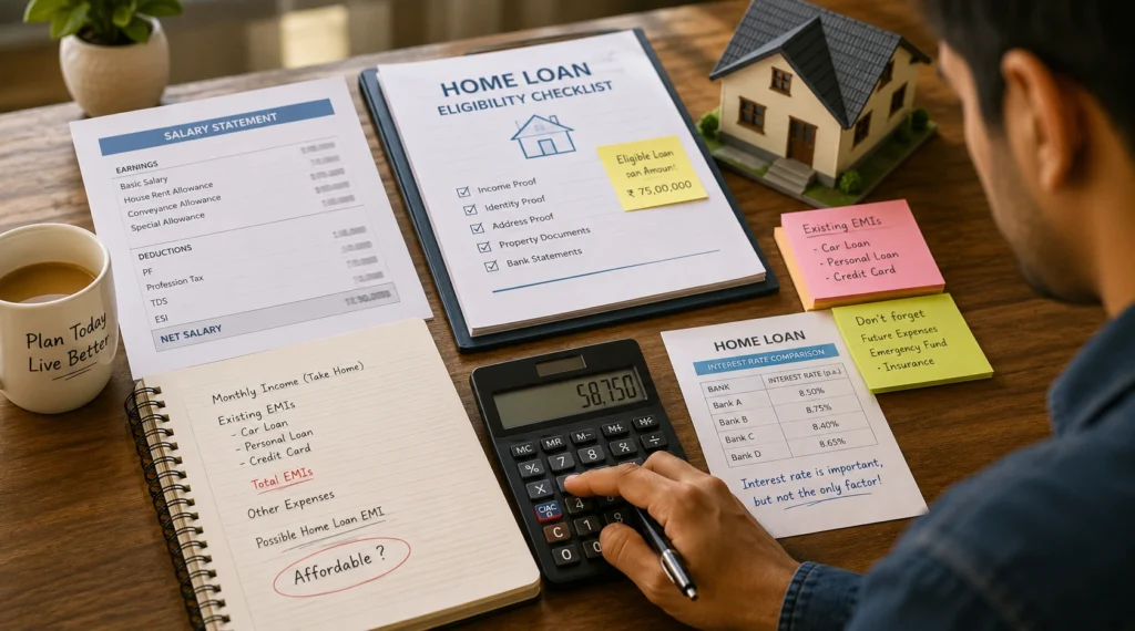 Homebuyer calculating EMI affordability before taking a home loan