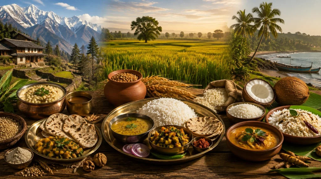 Indian regional food traditions shaped by geography climate and agricultural conditions