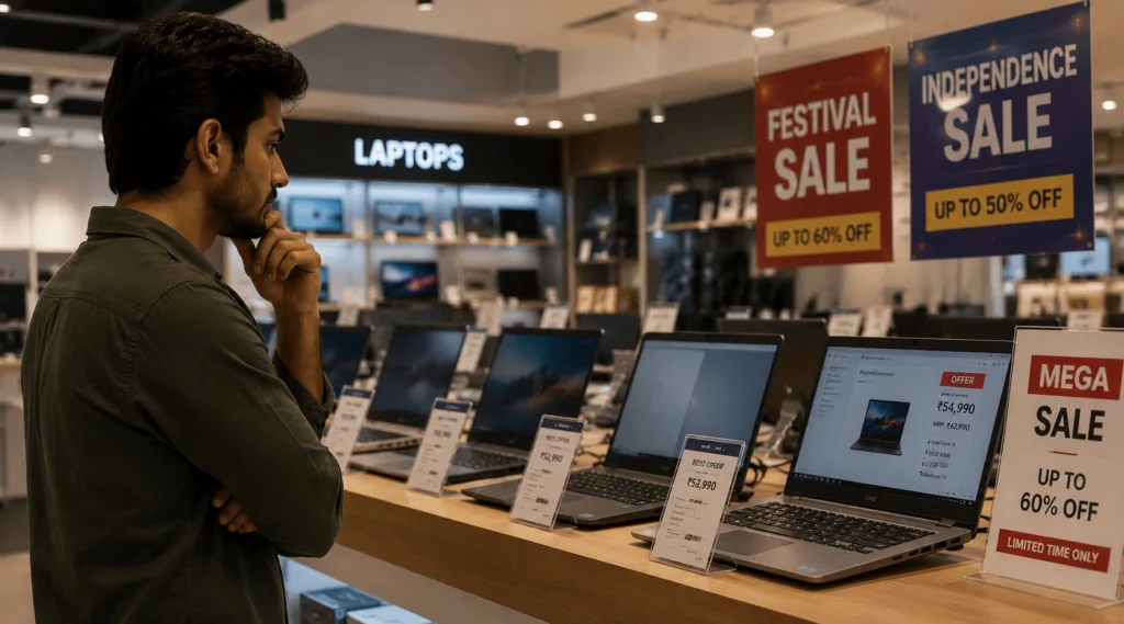 Customer comparing laptops in an electronics store during multiple sale promotions.