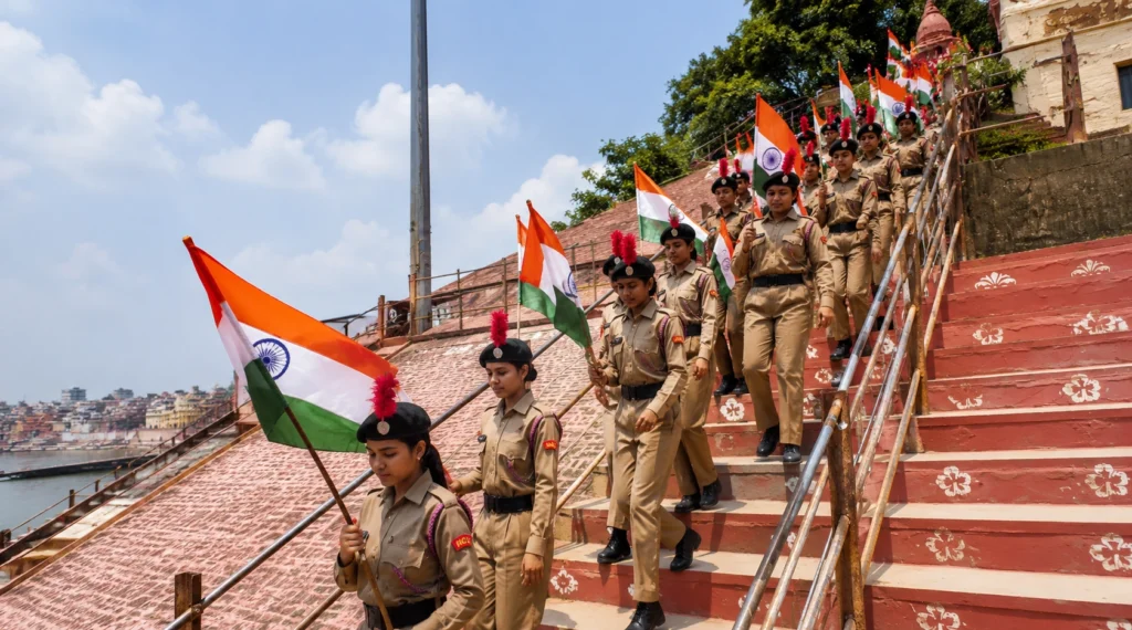 आदिकेशव घाट की सीढ़ियों पर तिरंगा लेकर मार्च करते NCC कैडेट्स