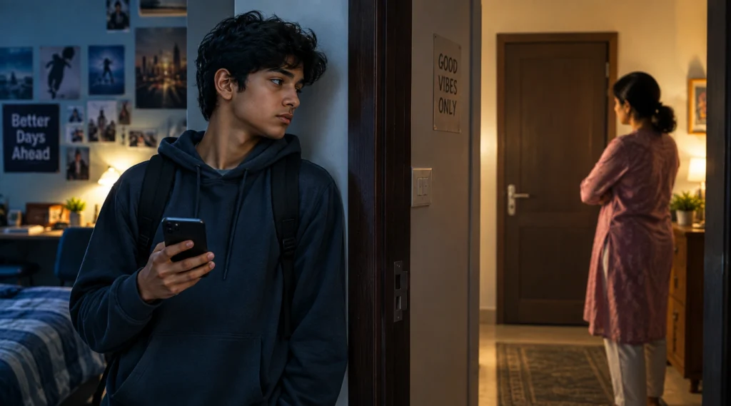 Teenager using a phone while parent stands nearby in a home