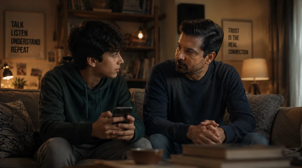 Parent listening to a teenager holding a smartphone