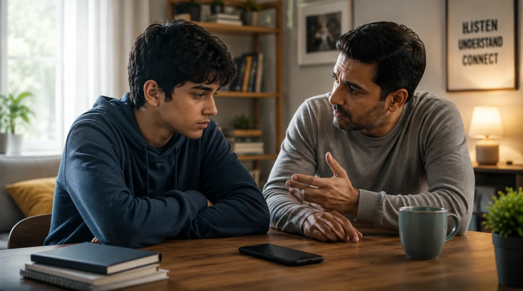 Father listening to his teenage son during a conversation at home