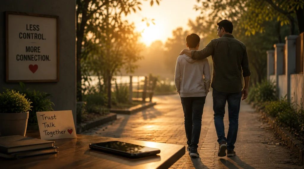 Parent and child walking together as a phone is left behind