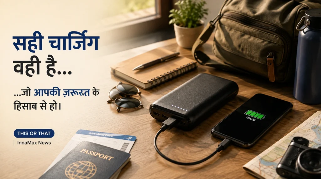 Travel essentials and a power bank representing smart charging decisions.