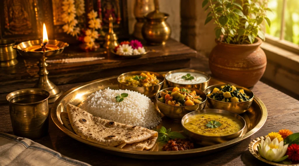 Traditional Indian meal offered with gratitude in a spiritual setting