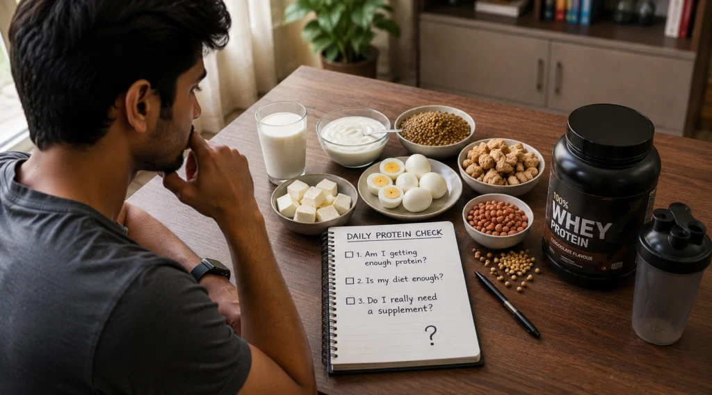 A person comparing daily protein-rich foods with an unopened protein powder container before making a buying decision.