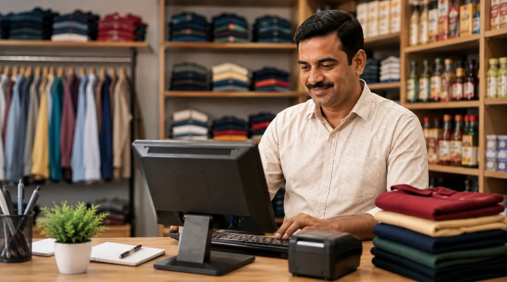 Retailer using a computer system at a clothing shop counter
