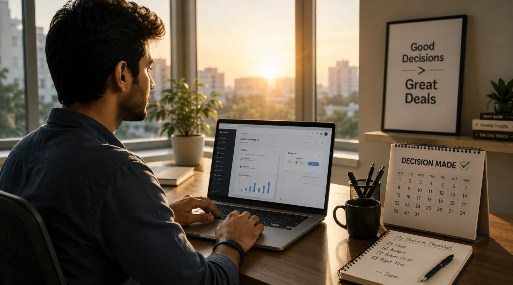 Professional confidently working on a new laptop after making the right buying decision.