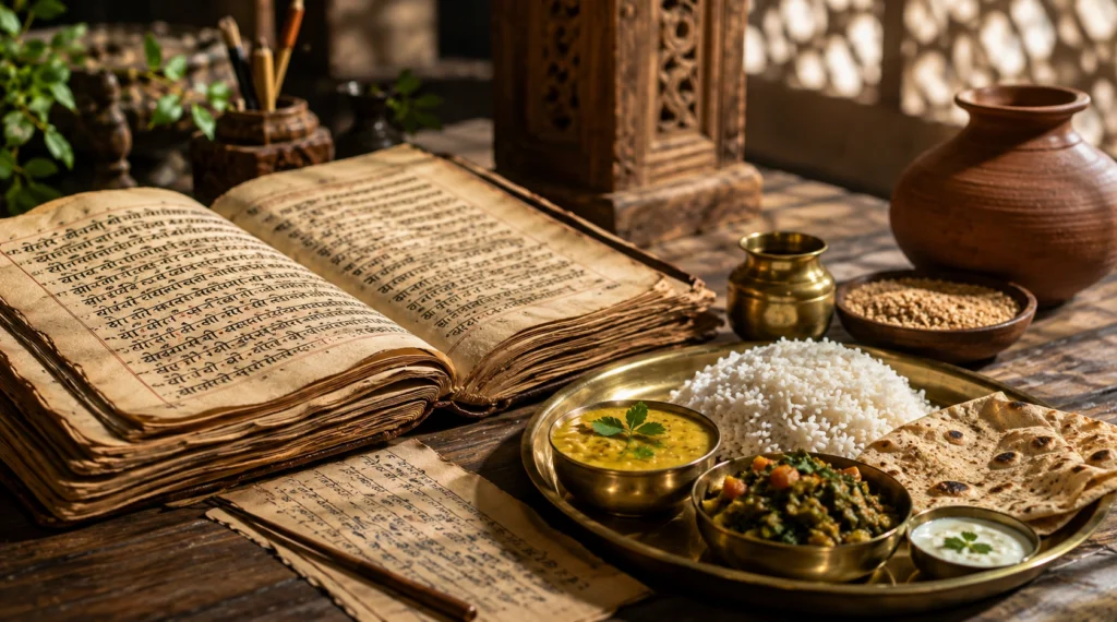 Sanskrit manuscript and traditional Indian food representing the linguistic roots of eating