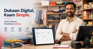 Indian shopkeeper using digital software at a retail store counter