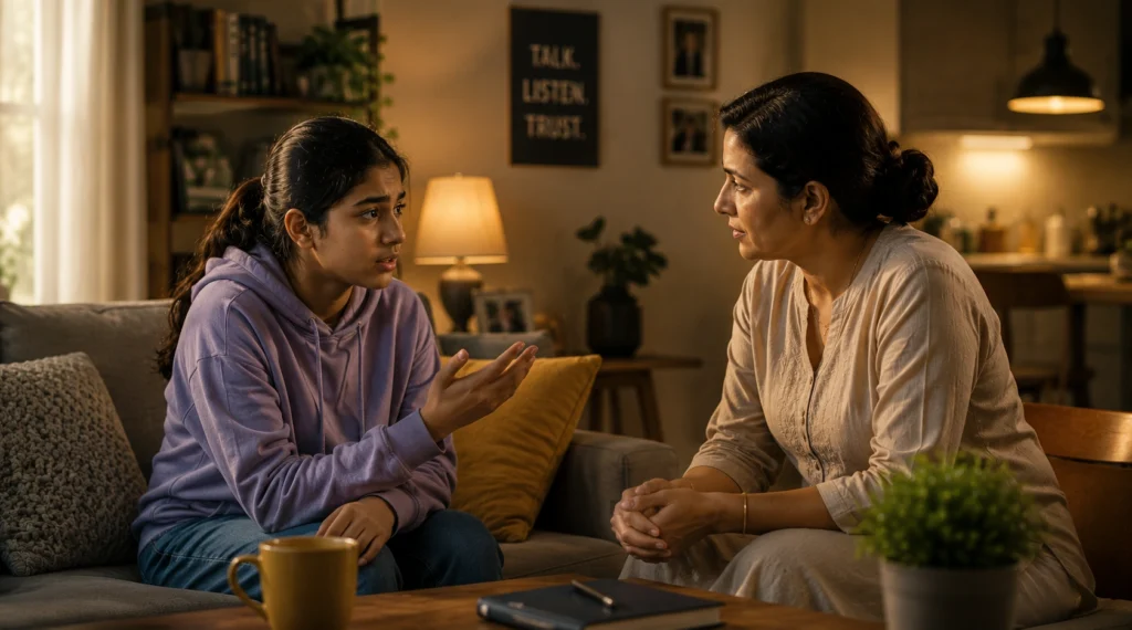 Teenage girl having an open conversation with her mother at home