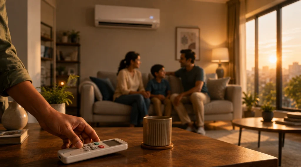 Family relaxing comfortably while the AC runs quietly in the background after a thoughtful decision.