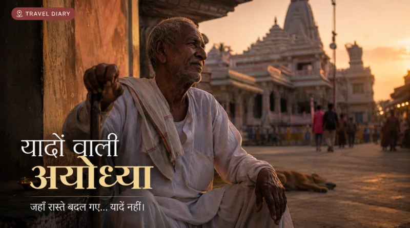 बुजुर्ग व्यक्ति अयोध्या की गली में मंदिर के सामने बैठे हुए, सुनहरी शाम का दृश्य और 'यादों वाली अयोध्या' ट्रैवल डायरी फीचर