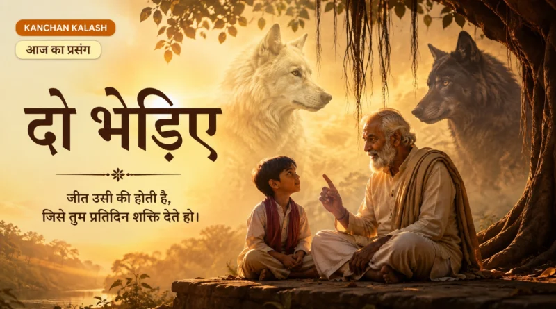 Two Wolves Story featured image showing a wise grandfather explaining the lesson of two symbolic wolves to a young boy under a banyan tree in Kanchan Kalash आज का प्रसंग.