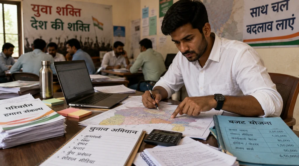 युवा राजनीतिक कार्यकर्ता चुनावी रणनीति और संसाधनों पर काम करते हुए