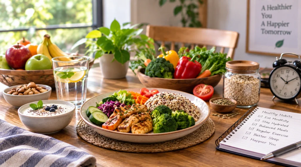 Balanced meal illustrating nutrition, food portions and meal timing
