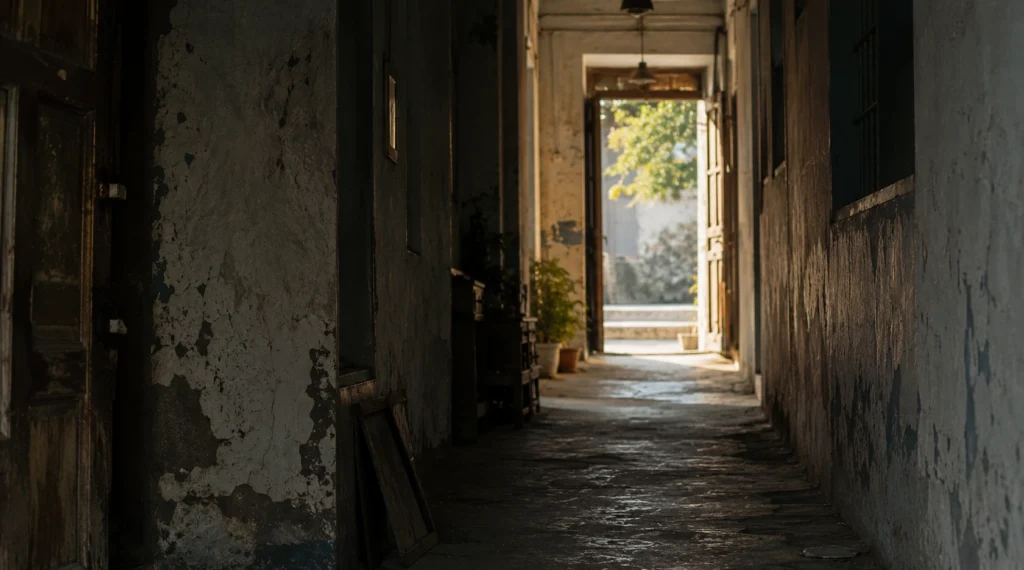 Old workshop corridor leading toward daylight