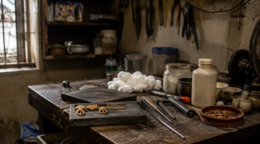 Empty jewellery workshop viewed through an open doorway in morning light