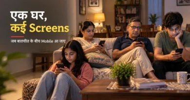 Indian family members using mobile phones at home