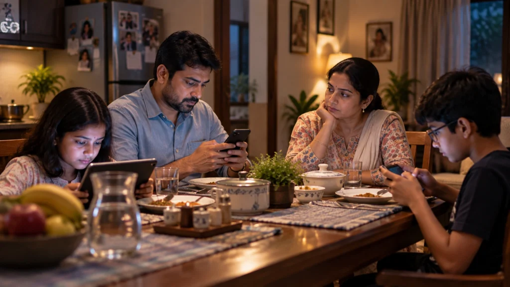 Indian family at dinner table using smartphones
