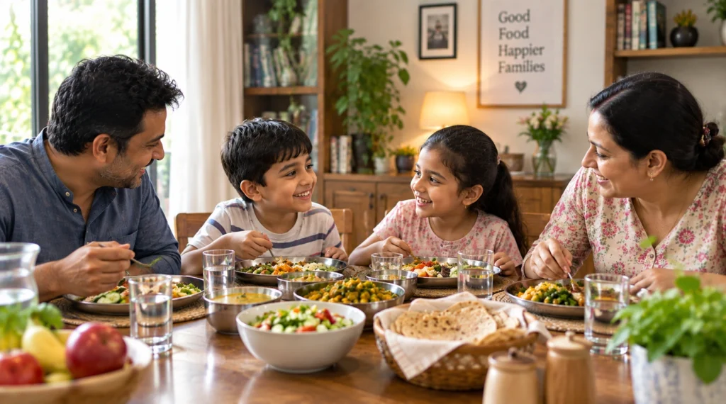 Indian family enjoying a healthy meal together without screens