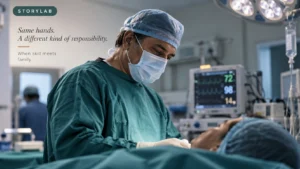 Surgeon operating on a family member in an operating theatre
