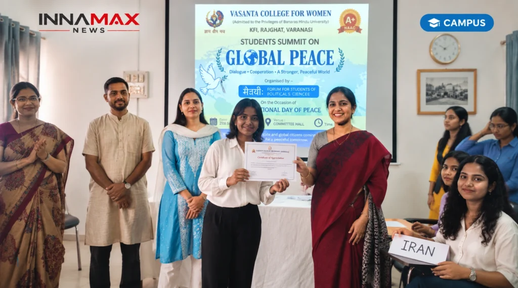 Certificate presentation during Global Peace Summit at Vasant College for Women Varanasi