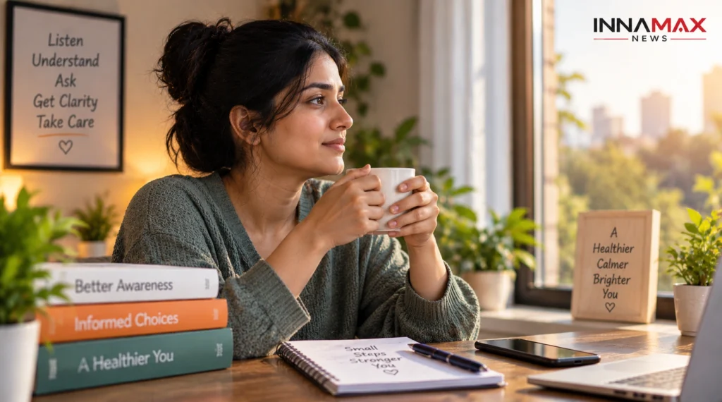 Woman calmly reflecting after learning to approach health concerns with awareness