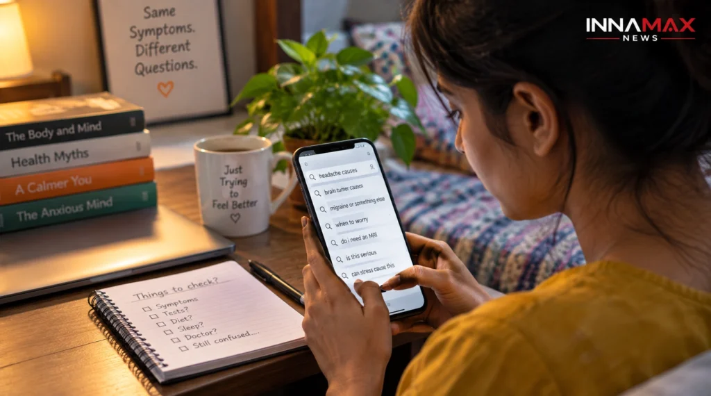 Woman examining a medical report while checking health information on her phone