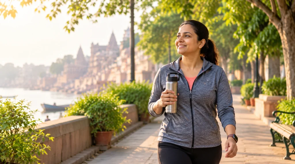 Woman walking with a water bottle as part of a healthy daily routine