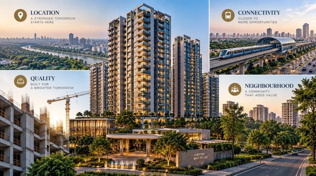 Four pillars of Luxury Property Delhi-NCR including location connectivity quality and neighbourhood