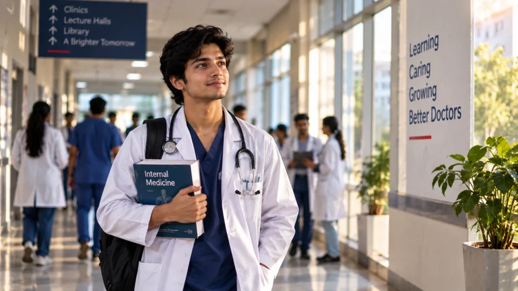 Medical student walking through a hospital with a medical textbook