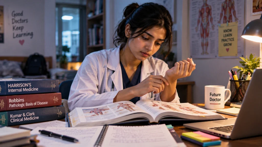 Medical student checking pulse while studying clinical medicine
