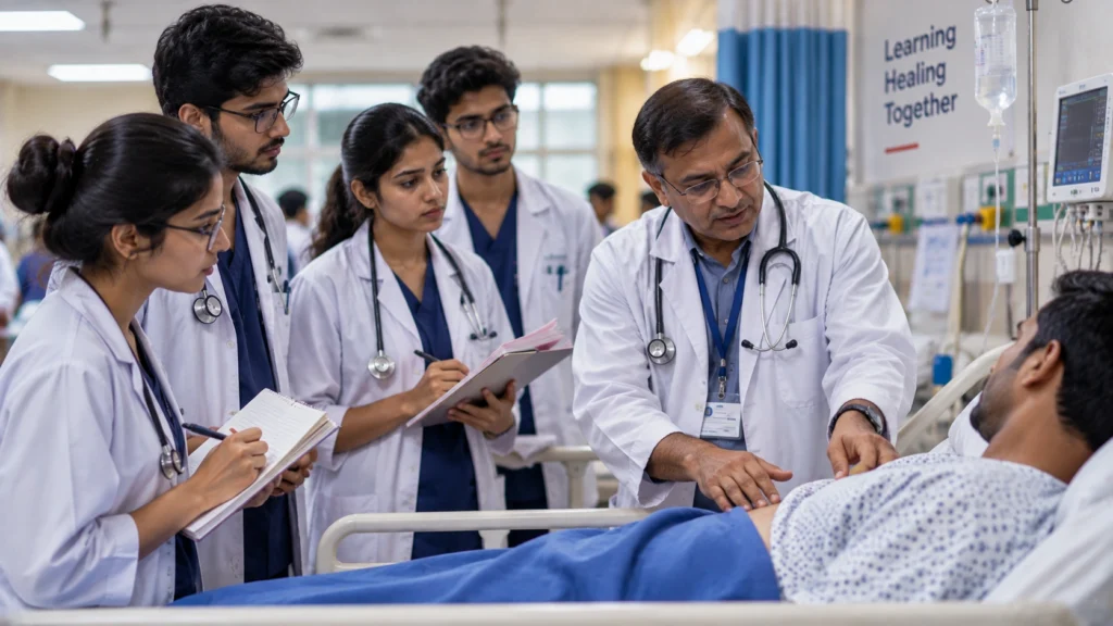 Medical students observing clinical teaching in a hospital ward