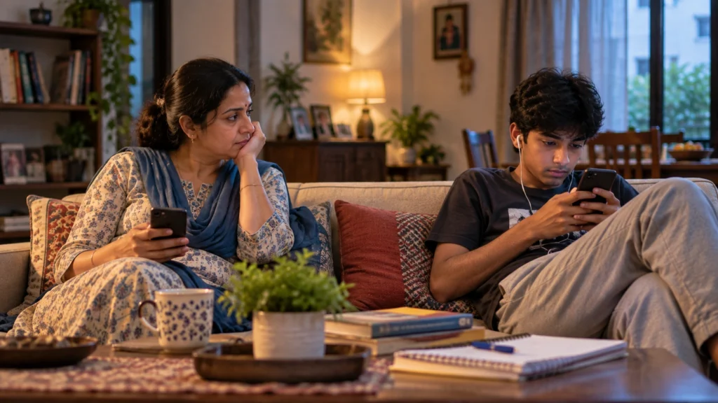 Mother and son sitting together while using mobile phones at home