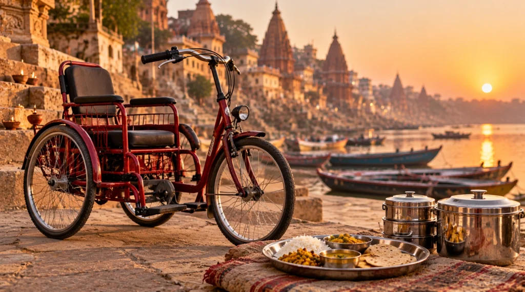 वाराणसी में दिव्यांग सहायता और भोजन सेवा का प्रतीकात्मक दृश्य