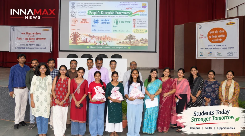 Students and organisers pose after People’s Education Programme at Vasant Mahila Mahavidyalaya
