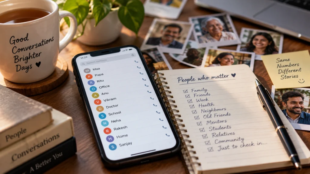 Phone contact list and notes representing regular communication with people
