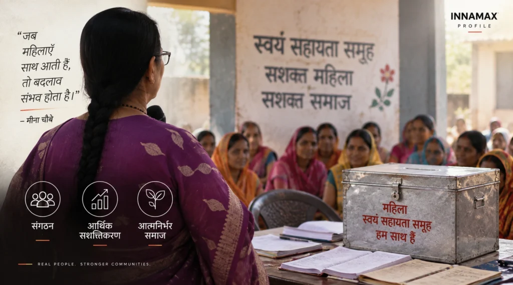 ग्रामीण महिलाएं स्वयं सहायता समूह के रजिस्टर और रिकॉर्ड के साथ