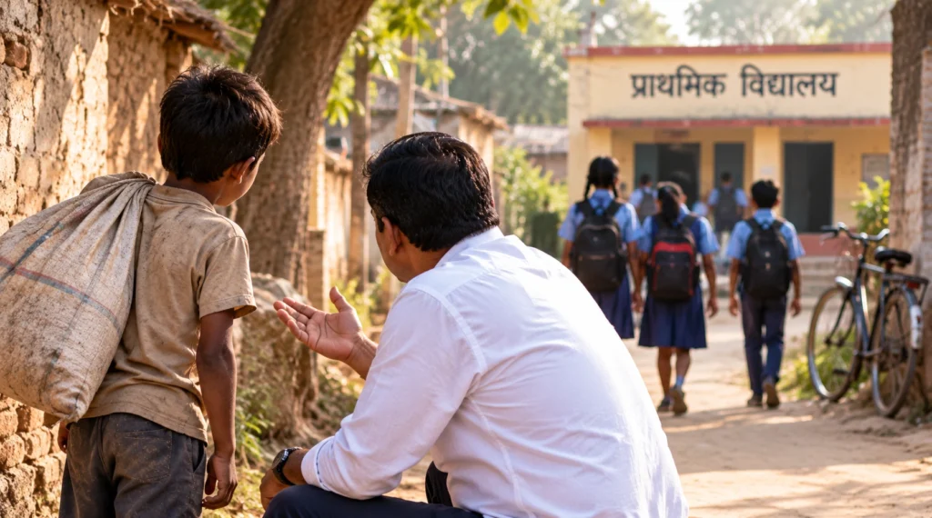 ग्रामीण शिक्षा की चुनौती और स्कूल से दूर बच्चों का प्रतीकात्मक दृश्य