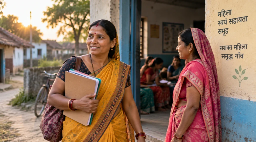 Rural woman carrying documents after a Self Help Group meeting