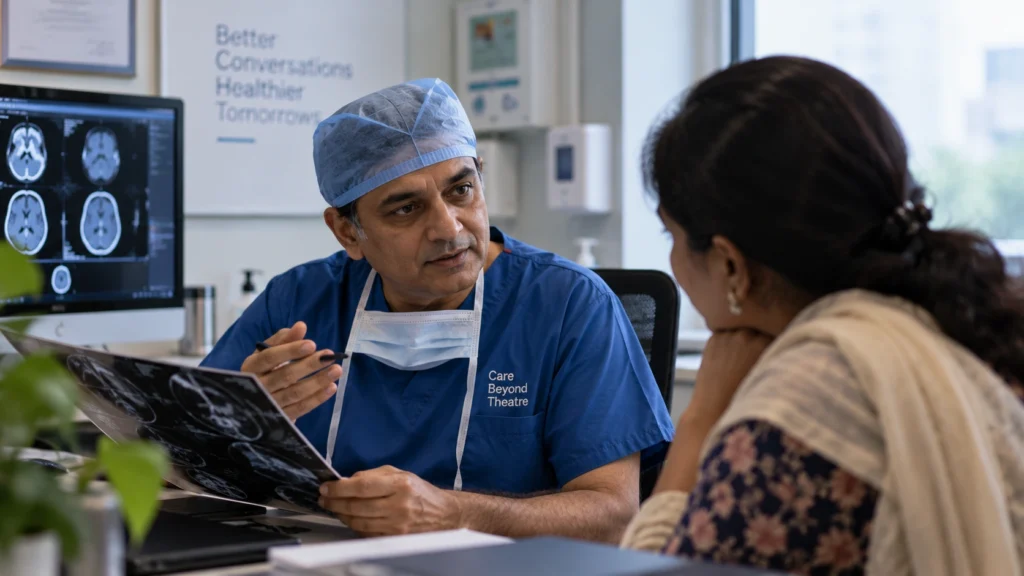 Surgeon discussing medical scans with a patient during consultation