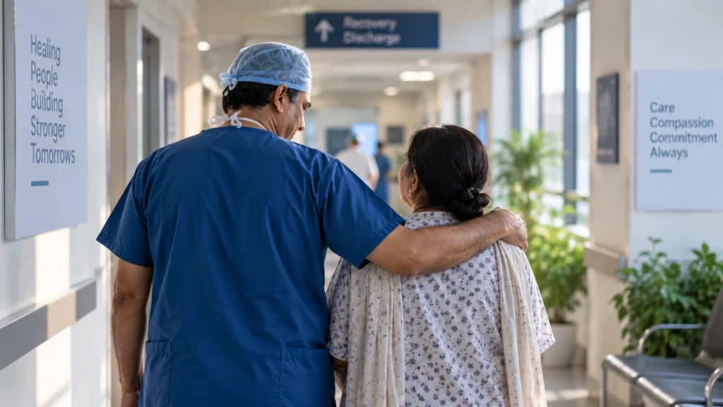 Surgeon walking with a family member after medical treatment
